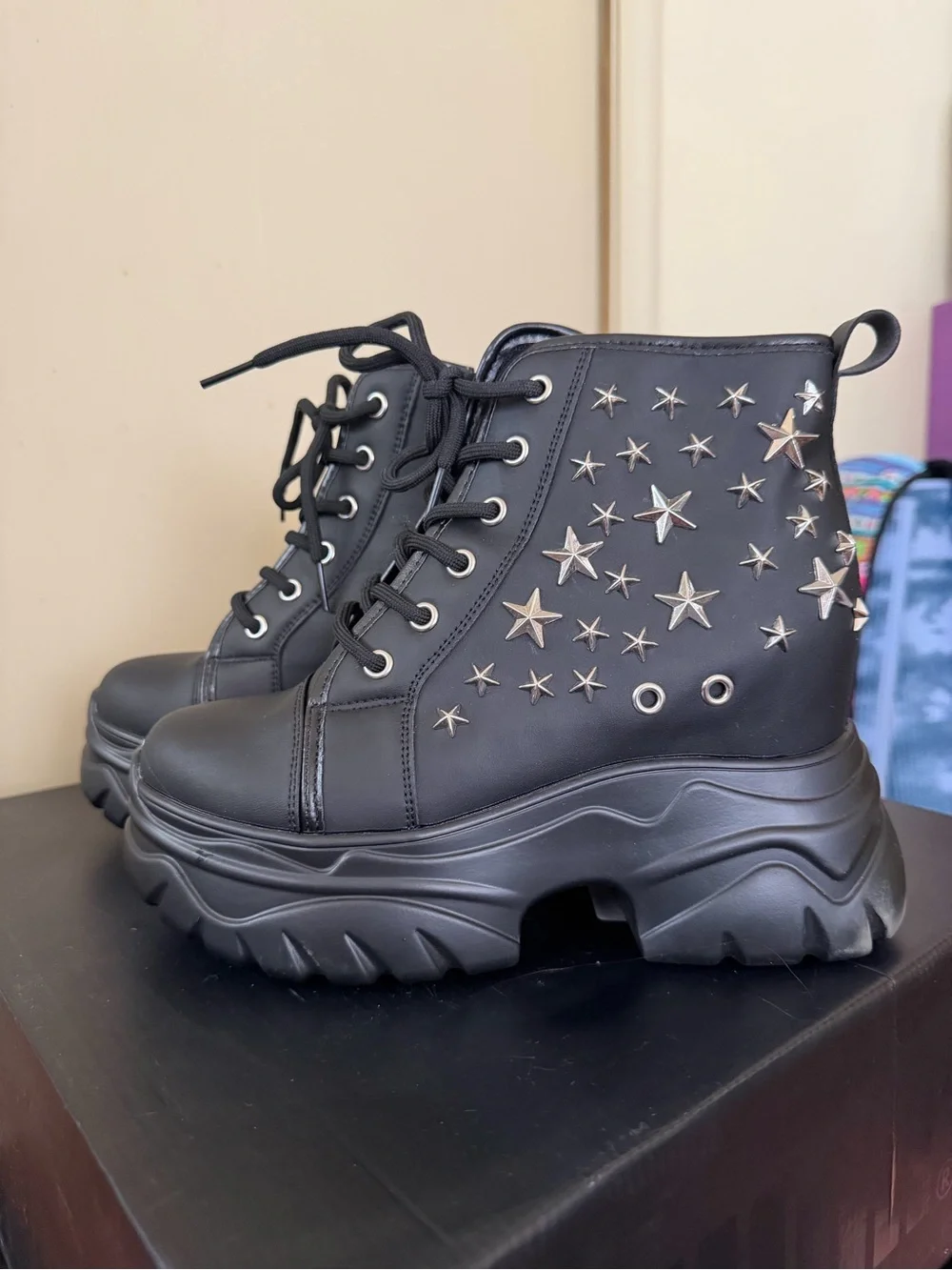 Dolls Kill Black Star-Studded Platform Lace-Up Boots
